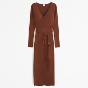 Abercrombie & Fitch Long-Sleeve Wrap Midi Sweater Dress, Brown, Size Small Tall